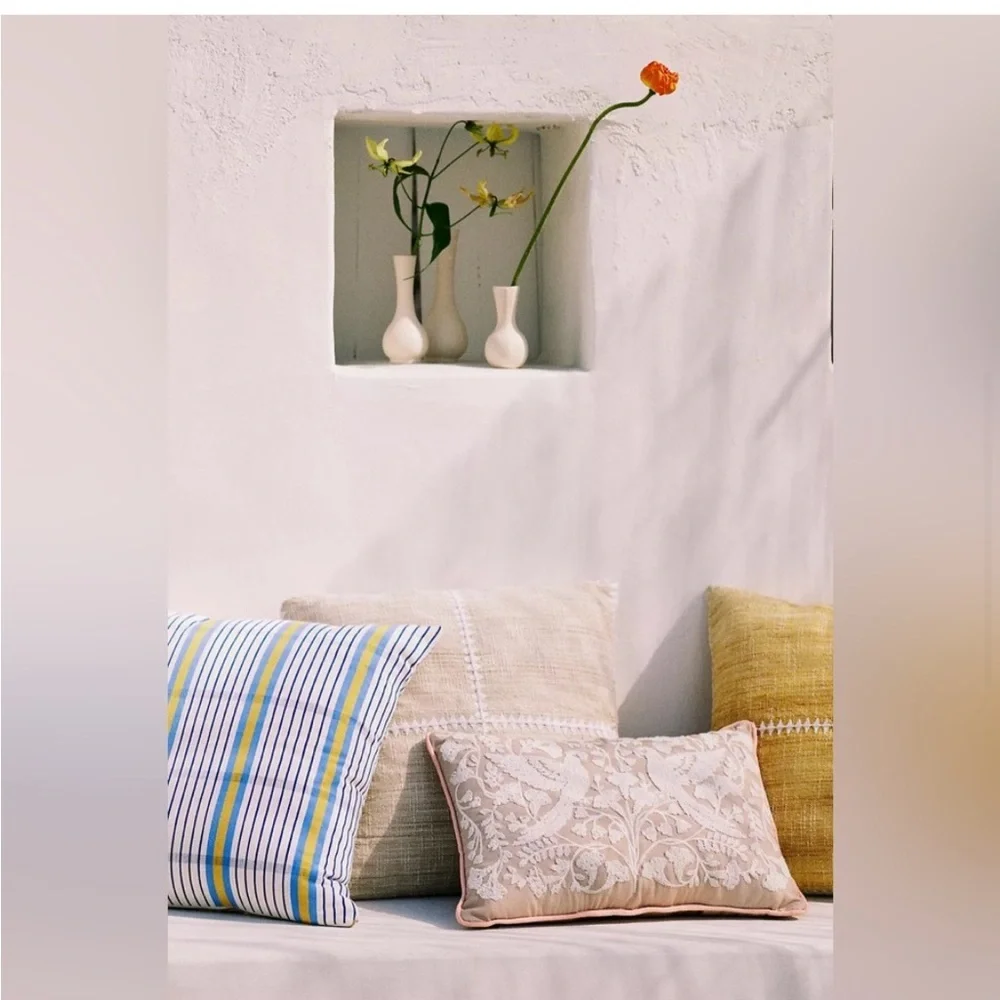 New Anthropologie Kenia Embroidered Floral Dove Indoor/ Outdoor Pillow